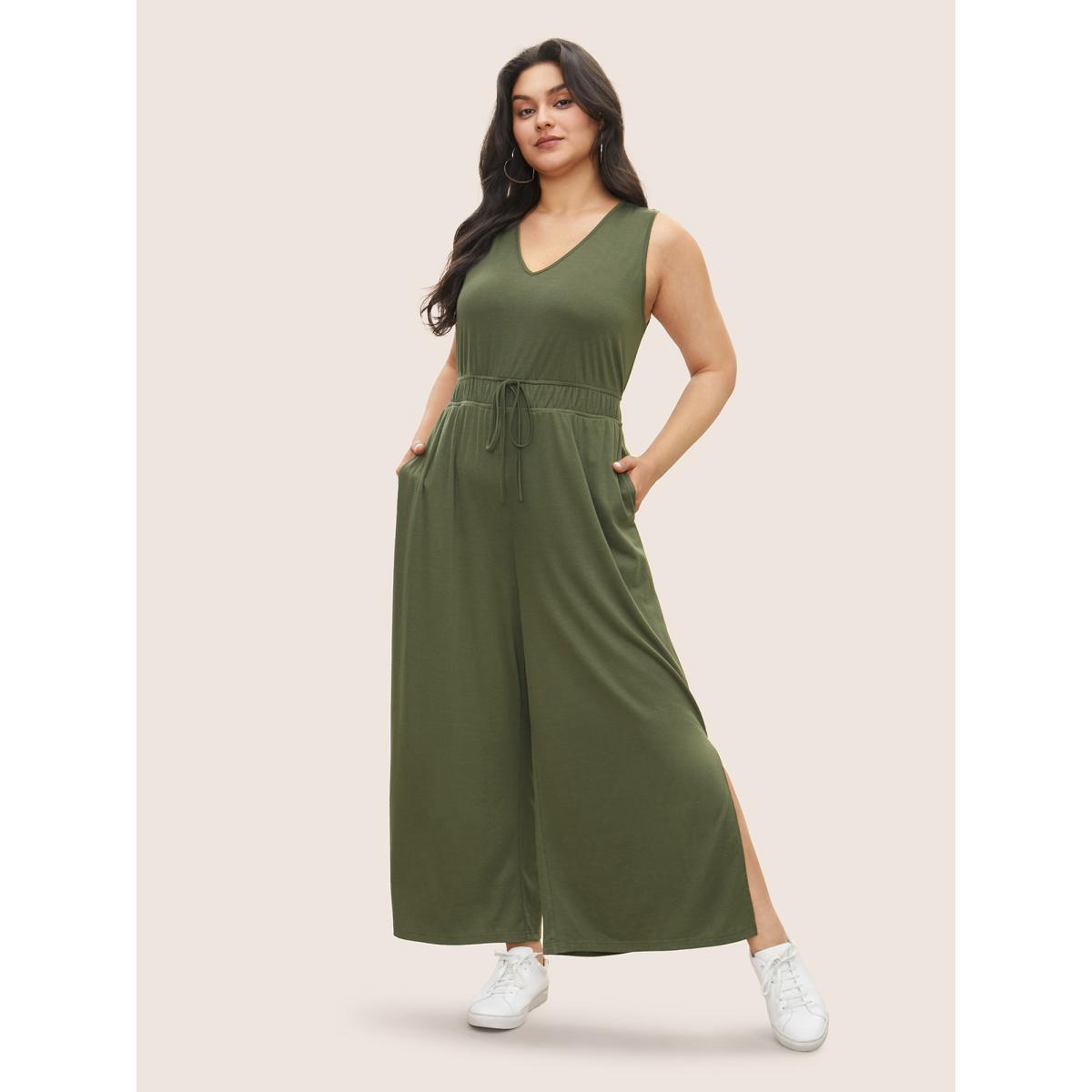Plus Size ArmyGreen Solid Split Side Pocket Bowknot Tank Jumpsuit Women Casual Sleeveless V-neck Everyday Loose Jumpsuits BloomChic 30/6X Product Image