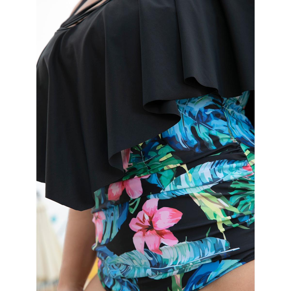 Plus Size Floral Patchwork Crisscross Cold Shoulder Asymmetrical One Piece Swimsuit Women's Swimwear BlackFlower Adjustable Straps Curve Bathing Suits High stretch One Pieces BloomChic 10/M Product Image