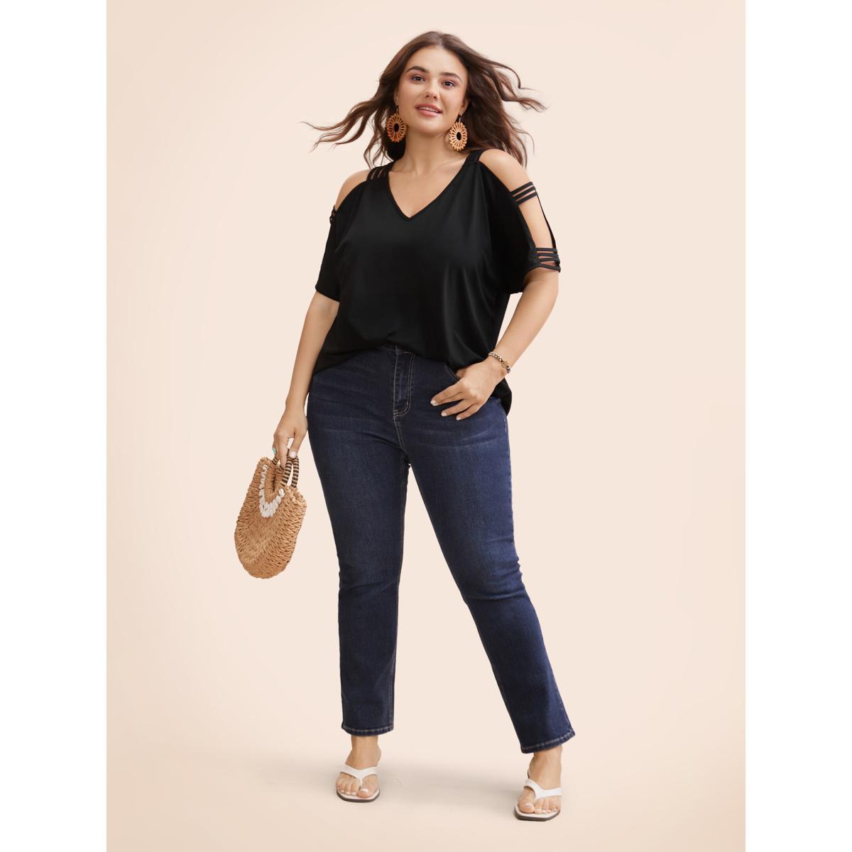 Plus Size Solid Cut Out Batwing Sleeve T-shirt Black Women Resort Cut-Out Plain V-neck Vacation T-shirts BloomChic 26/4X Product Image