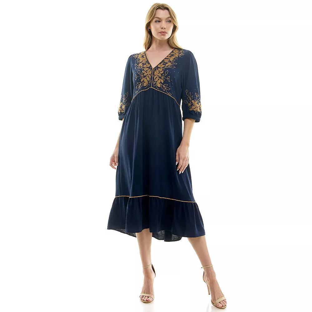 Women's Figueroa & Flower Elbow Sleeve Embroidered Peasant Dress, Size: Medium, Black Product Image