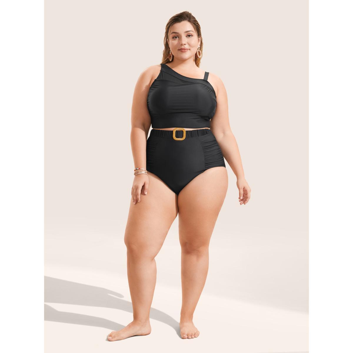 Plus Size Solid Buckle Detail Ruched Swim Bottom Women's Swimwear Black Beach Non High stretch Skinny High Rise Curve Swim Bottoms BloomChic 10/M Product Image