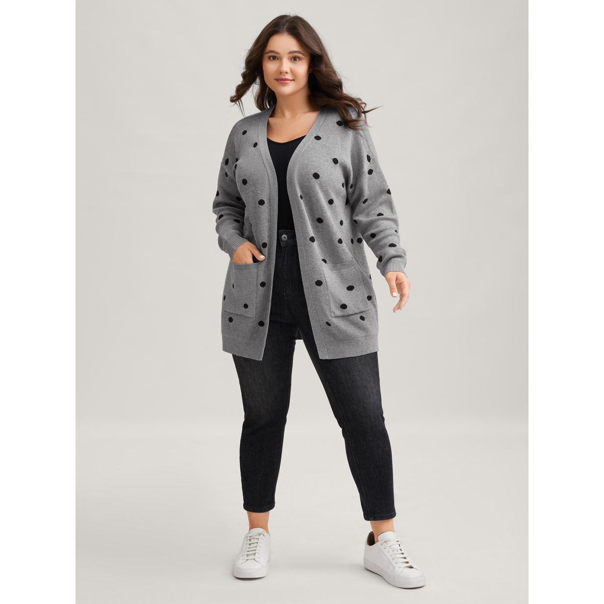 Plus Size Polka Dot Kimono Collar Patch Pocket Cardigan Mediumgray Women Casual Loose Long Sleeve Everyday Cardigans BloomChic 14-16/1X Product Image
