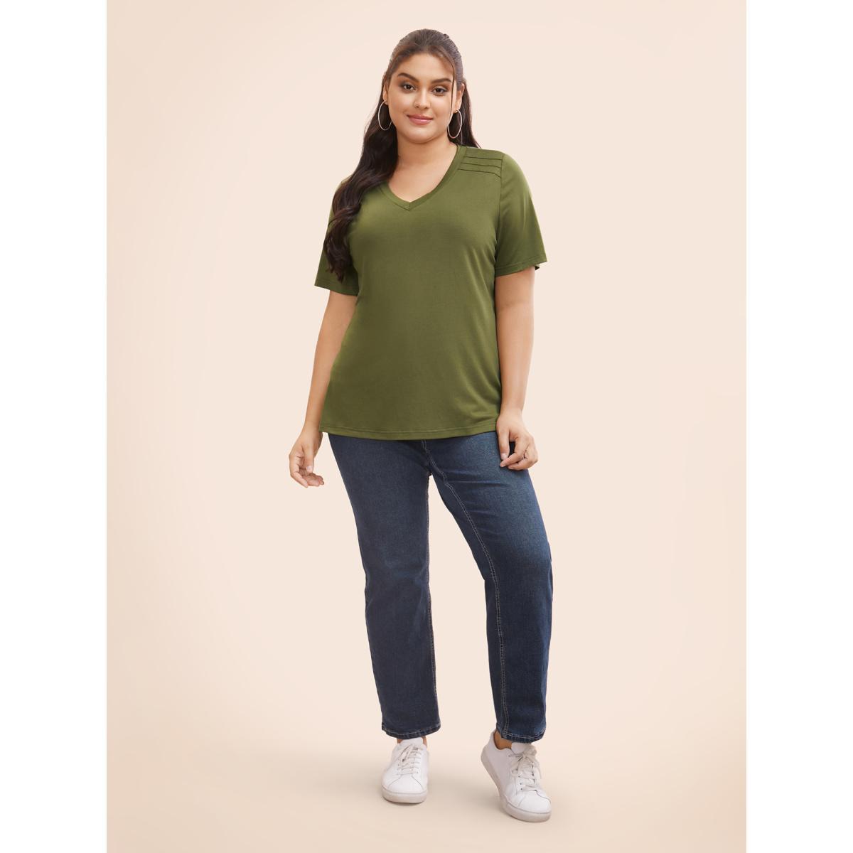 Plus Size V Neck Pleated Stretchy T-shirt ArmyGreen Women Casual Pleated V-neck Everyday T-shirts BloomChic 18-20/2X Product Image