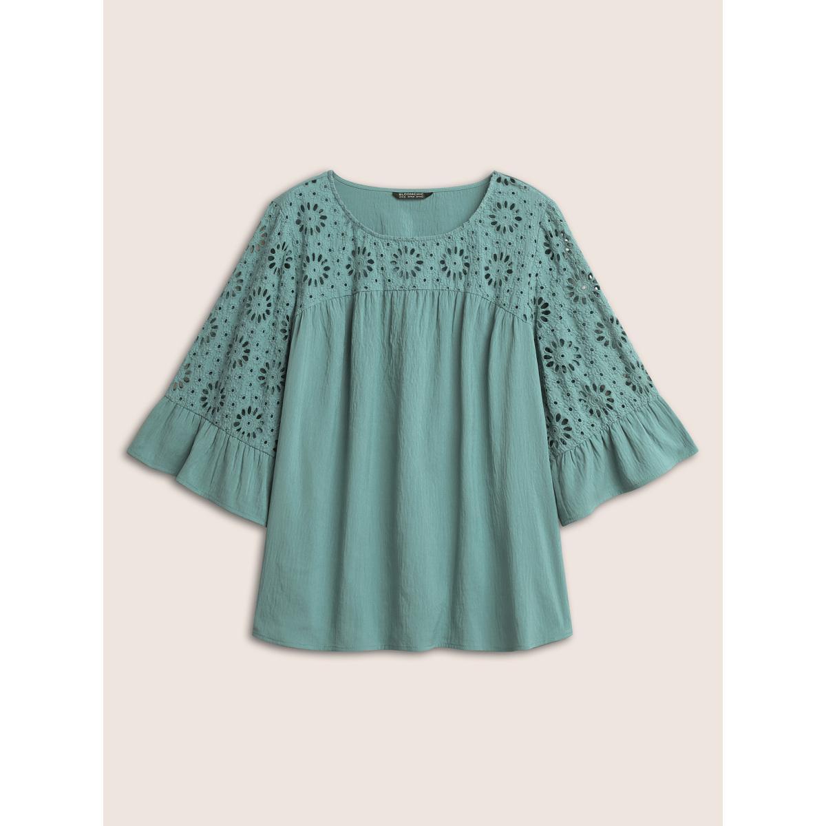Plus Size Mint Plain Broderie Anglaise Ruffle Sleeve Blouse Women Casual Elbow-length sleeve Round Neck Everyday Blouses BloomChic 28/5X Product Image