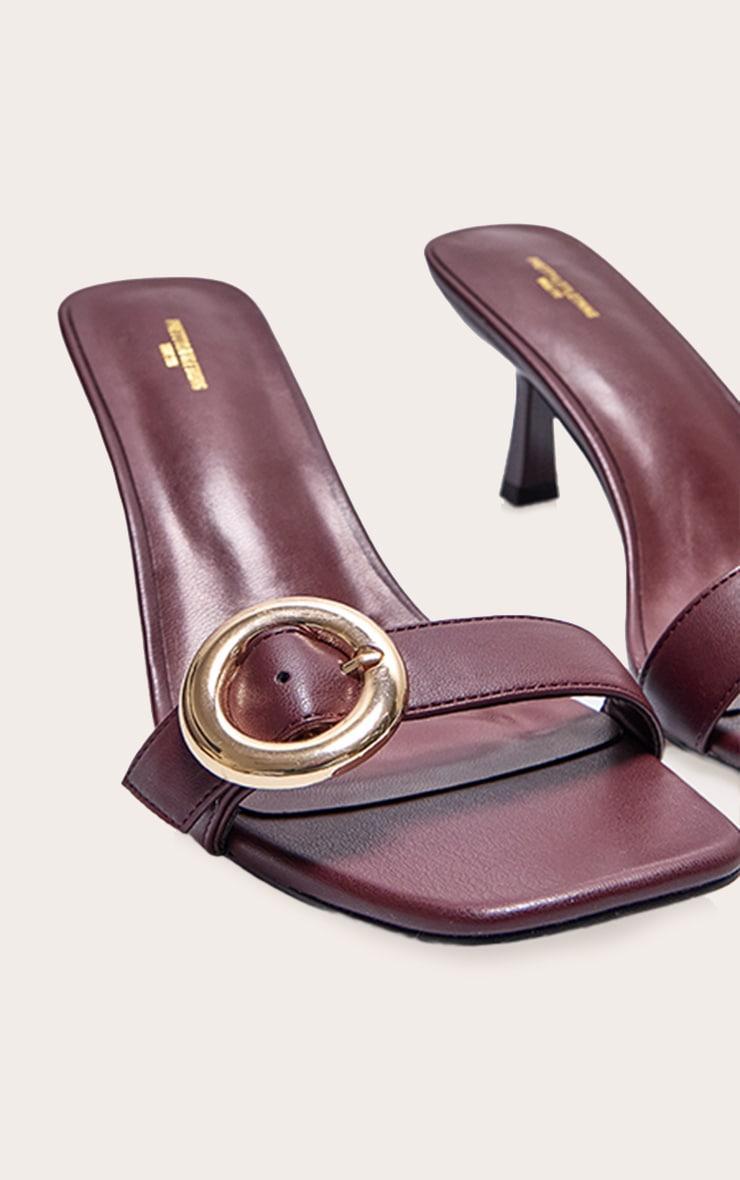 Wide Fit Burgundy Pu Square Toe Buckle Detail Low Heeled Mules Product Image