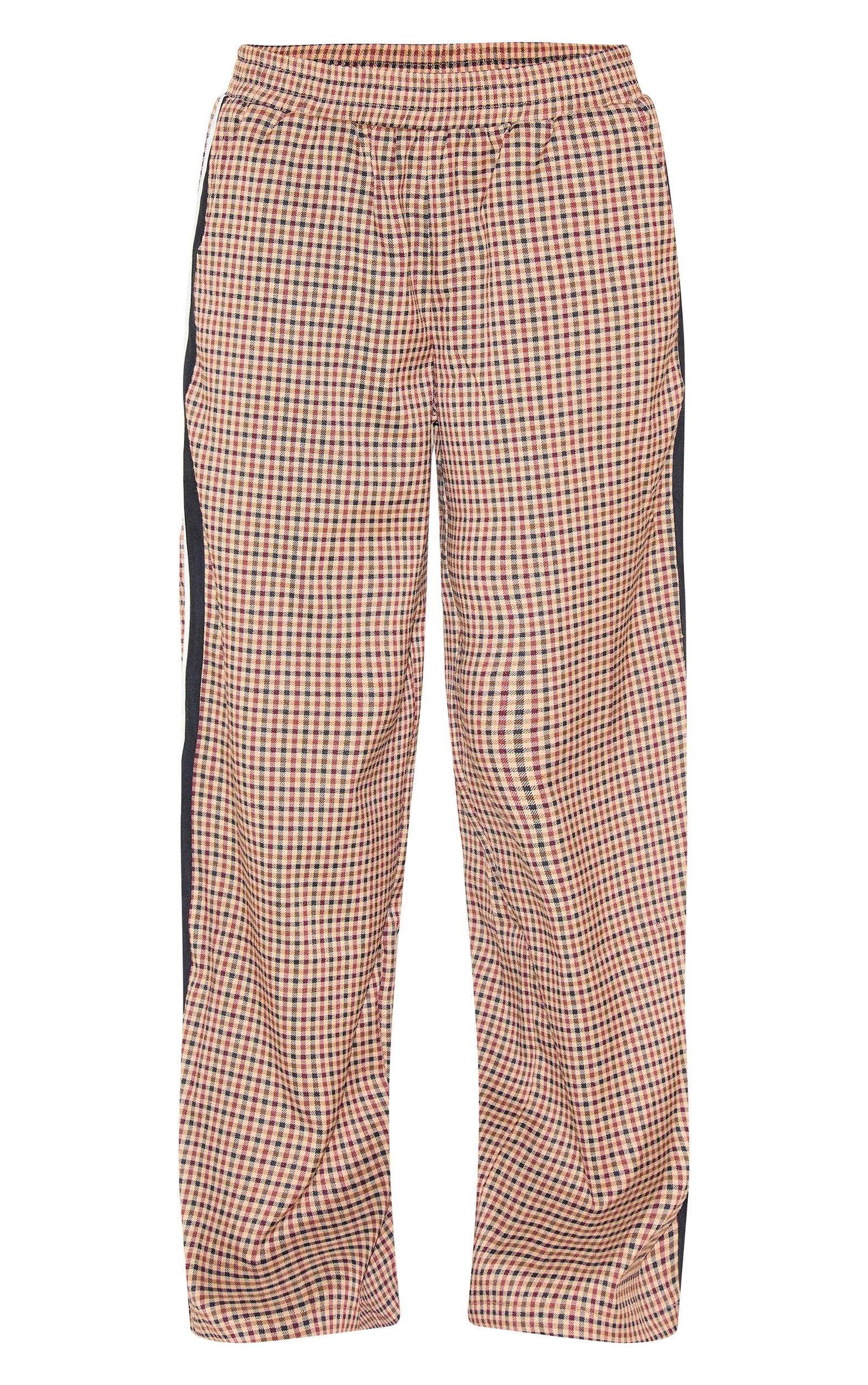 Brown Gingham Side Stripe Elasticated Waistband Straight Leg Pants Product Image
