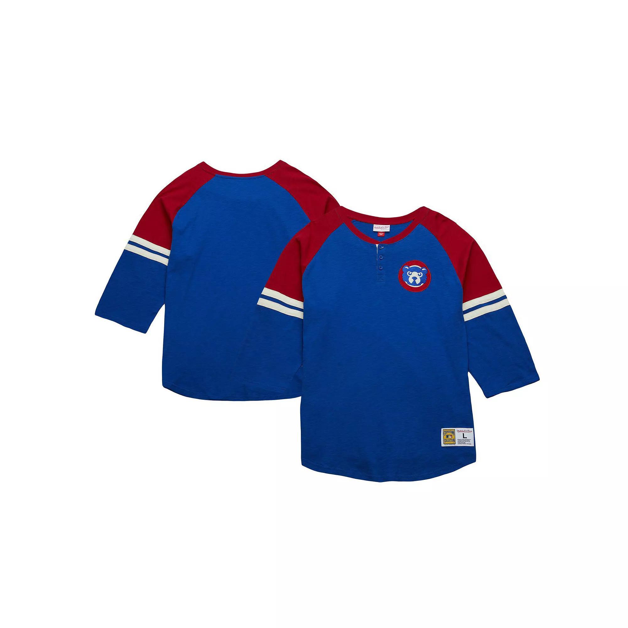 Men's Mitchell & Ness Royal Chicago Cubs Cooperstown Collection Legendary Raglan Slub Henley Three-Quarter Sleeve T-Shirt, Size: Medium, Blue Product Image