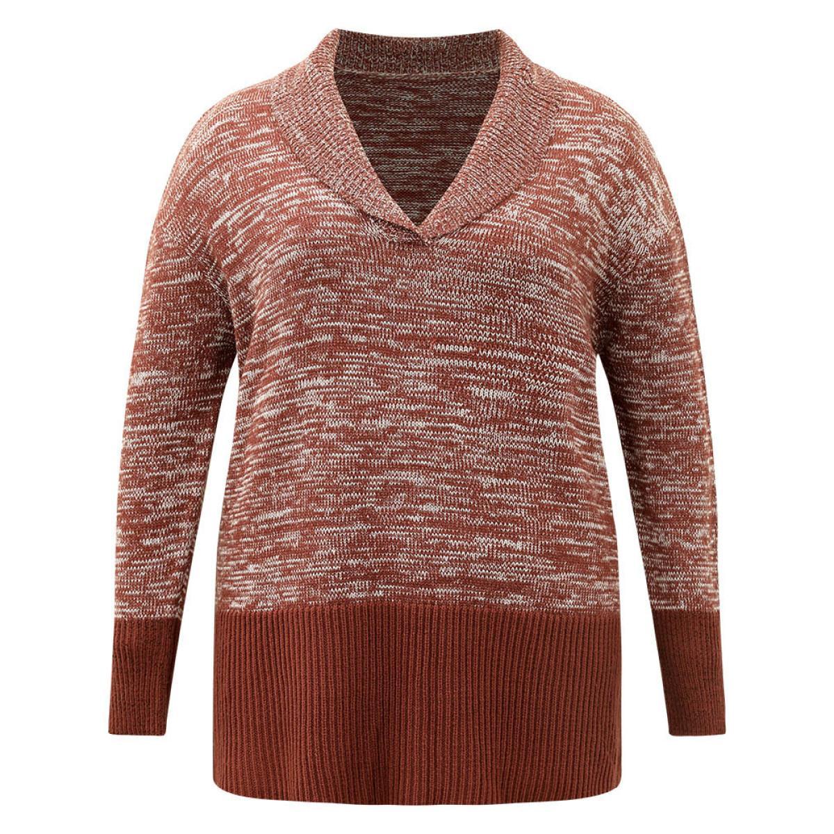 Plus Size Heather Lapel Collar Contrast Patchwork Pullover Rust Women Casual Loose Long Sleeve Lapel Collar Dailywear Pullovers BloomChic 28/5X Product Image