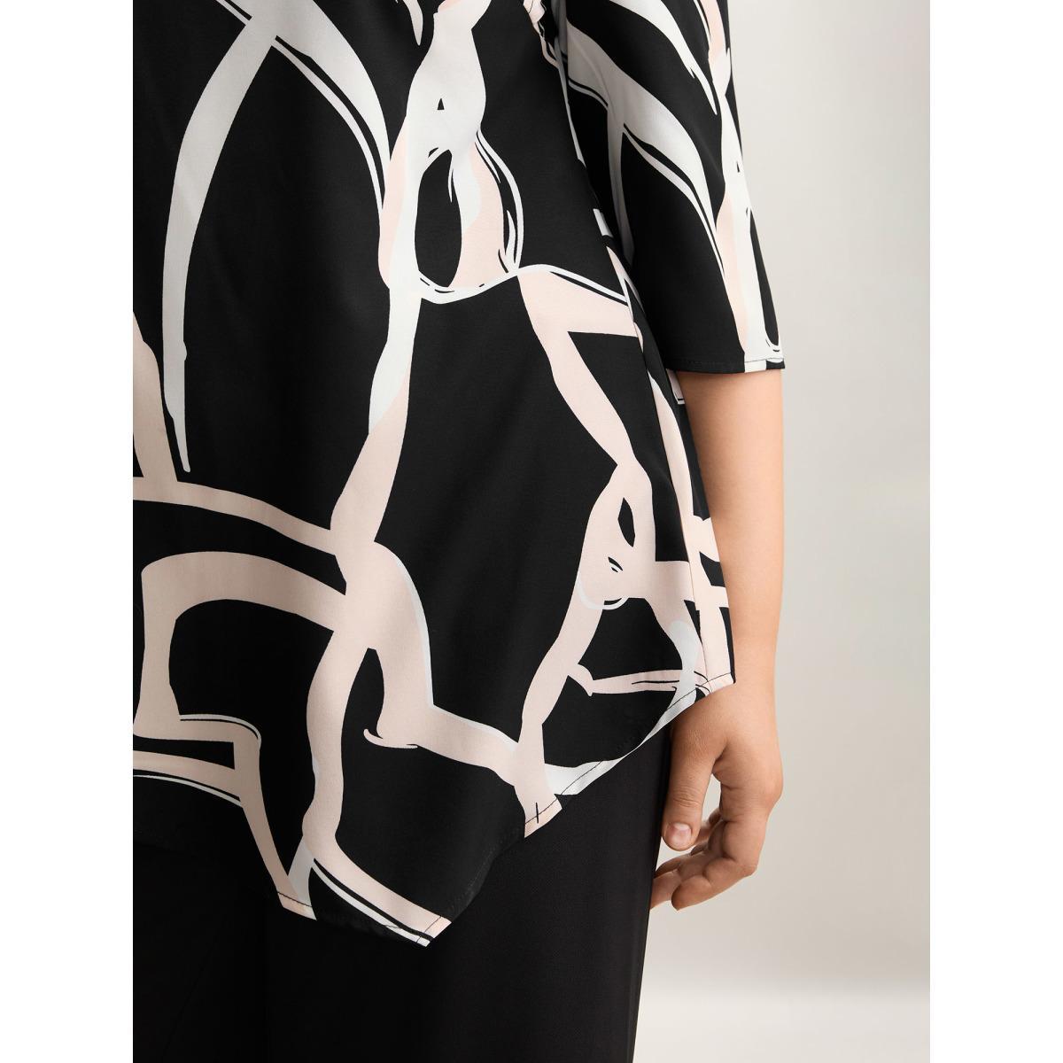 Plus Size Black Asymmetrical Line Print Hi Low Hem Blouse Women At the Office Elbow-length sleeve Round Neck Work Blouses BloomChic 18-20/2X Product Image