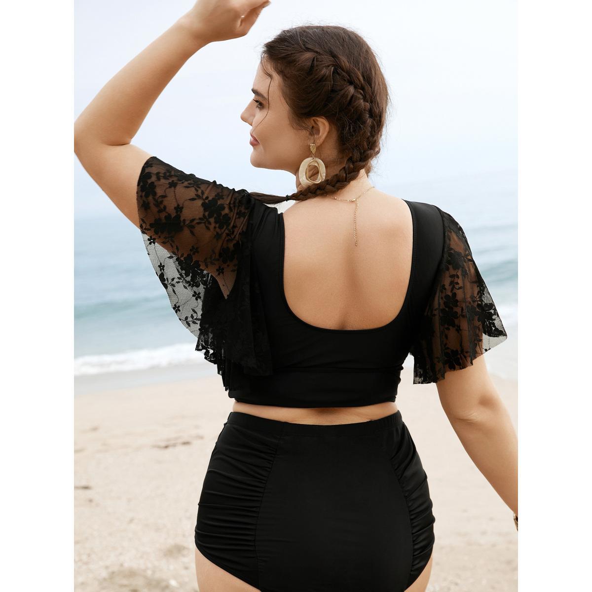 Plus Size U Neck Crochet Lace Mesh Swim Top Women's Swimwear Black Beach Texture High stretch Skinny U-neck Curve Swim Tops BloomChic 12/L Product Image