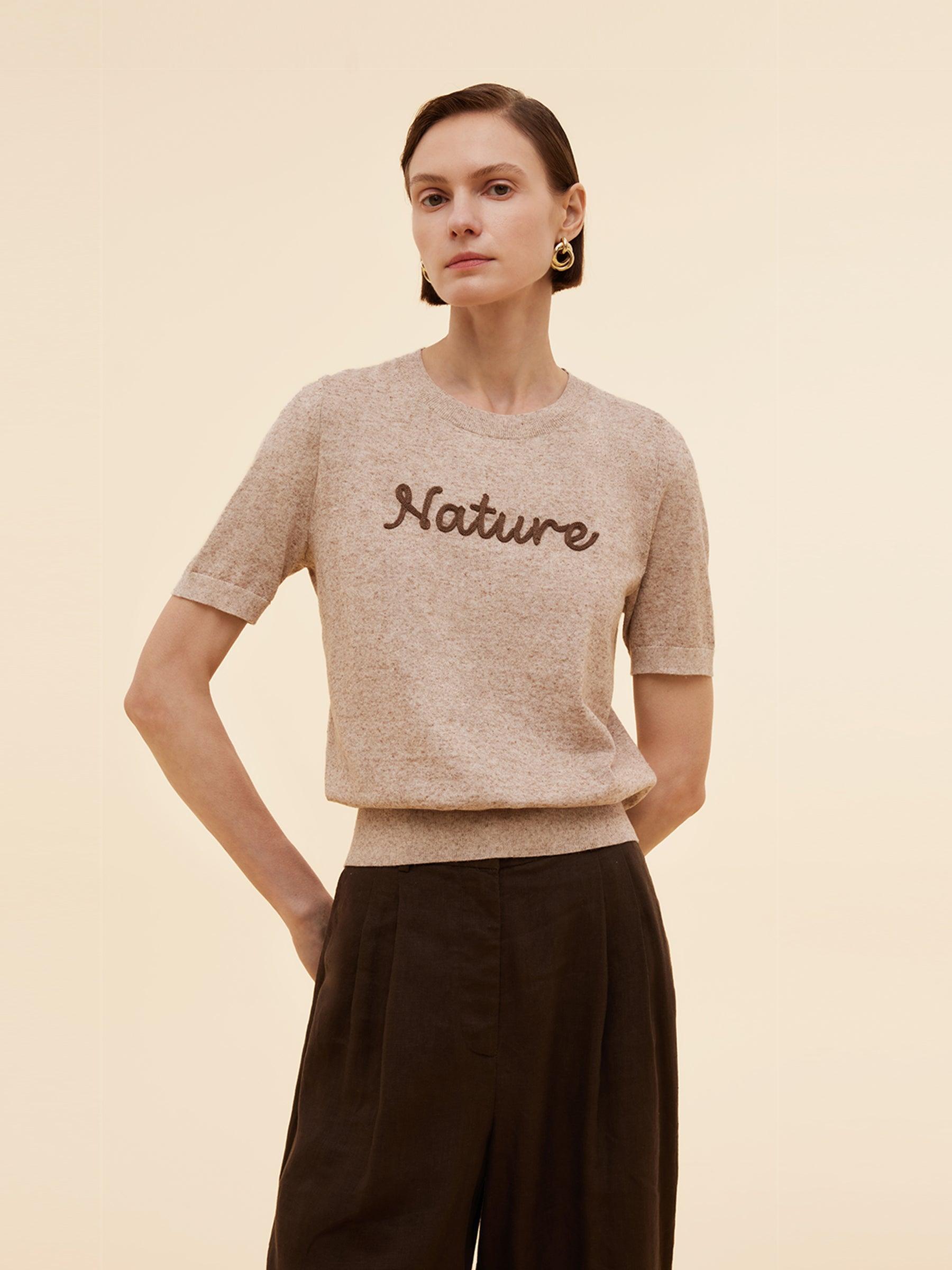 Linen Blend Letter Embroidered Women Knit Top Product Image