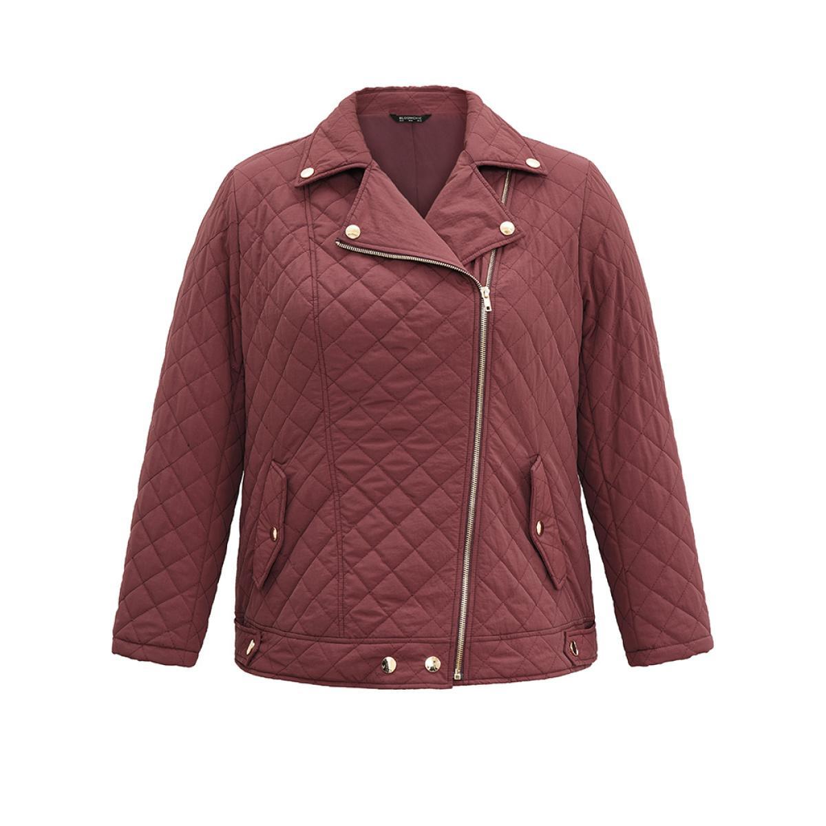 Plus Size Zipper Fly Quilted Button Detail Lapel Collar Jacket Women Burgundy Texture Pocket Dailywear Jackets BloomChic 22-24/3X Product Image