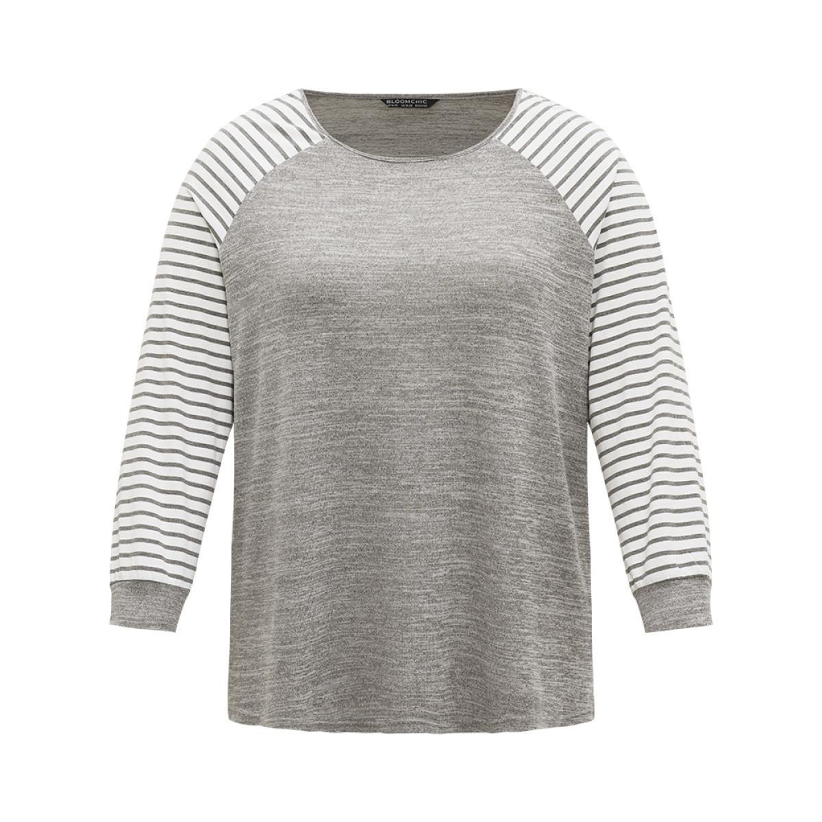 Plus Size Striped Raglan Sleeve Patched Split Side T-shirt Gray Women Casual Contrast Striped Round Neck Dailywear T-shirts BloomChic 28/5X Product Image