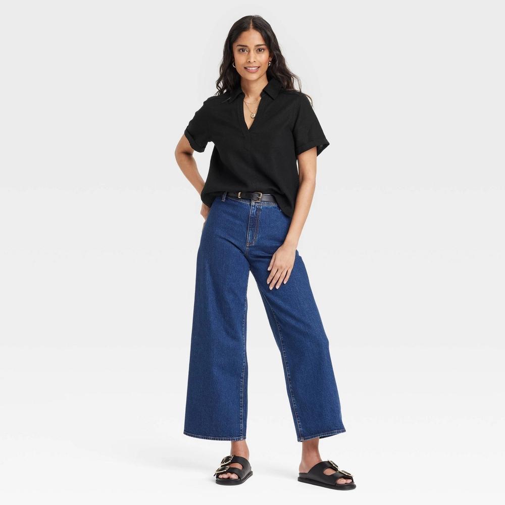 Womens Short Sleeve Popover Blouse - Universal Thread Black L: Relaxed Fit, Linen Rayon Blend, Collared, Below Waist Product Image