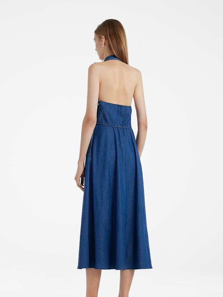 Denim Halter Women Midi Dress With Rope Belt Product Image