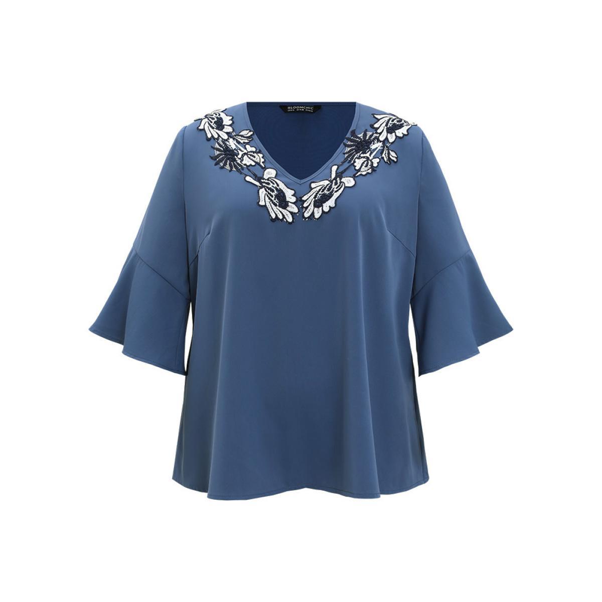 Plus Size Stone Floral Applique Bell Sleeve Blouse Women Elegant Elbow-length sleeve V-neck Dailywear Blouses BloomChic 22-24/3X Product Image