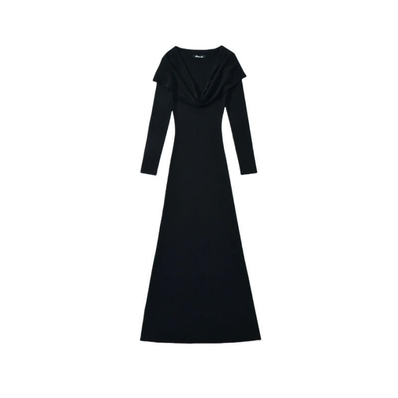 Long Sleeve Cowl Neck Plain Maxi Sheath Dress Product Image
