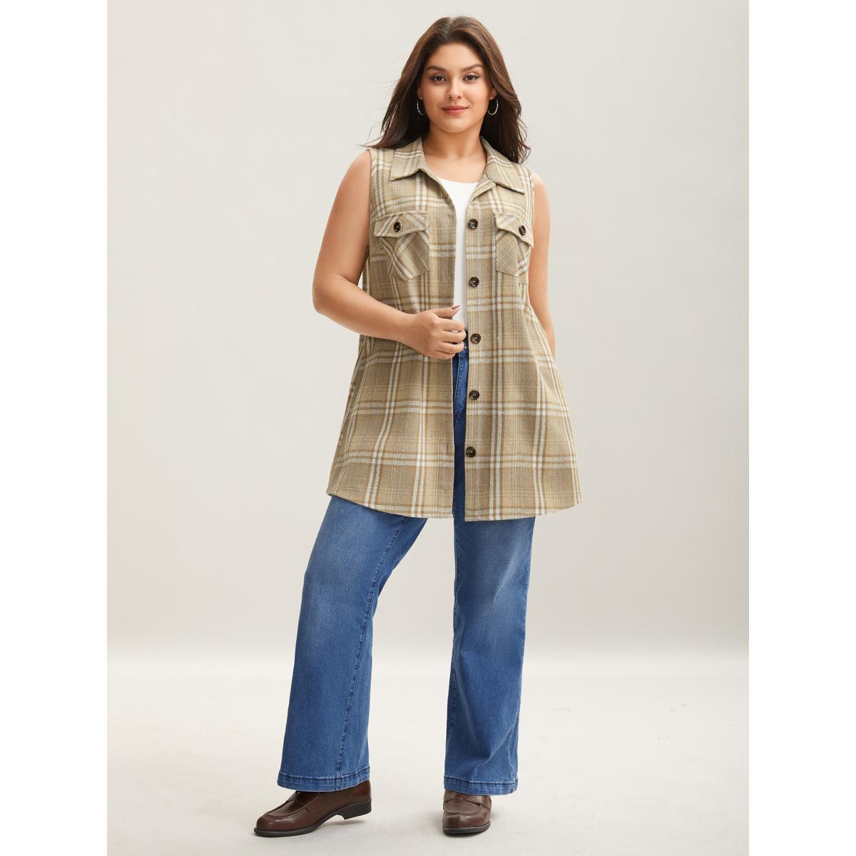Plus Size Plaid Flap Detail Sleeveless Jacket Women LightBrown Button Side seam pocket Everyday Jackets BloomChic 26/4X Product Image
