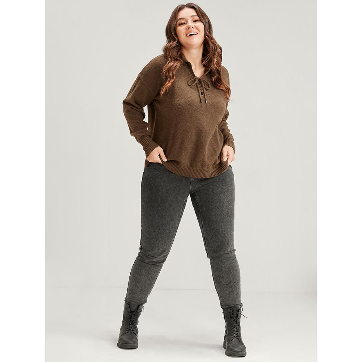 Plus Size Solid Super Soft Plush Knit Lace Up Knit Top Bronze Women Casual Loose Long Sleeve Lapel Collar Dailywear Pullovers BloomChic 26/4X Product Image
