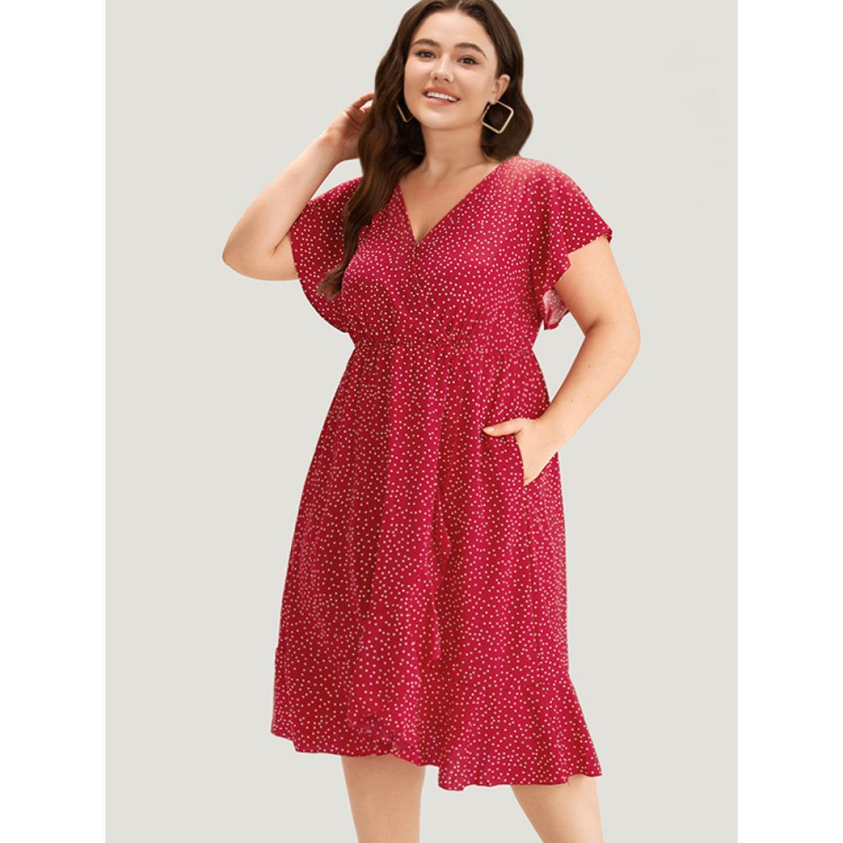 Plus Size Polka Dot Ruffles Wrap Pocket Asymmetrical Hem Dress Raspberry Women Elegant Wrap V-neck Short sleeve Curvy Knee Dress BloomChic 18-20/2X Product Image