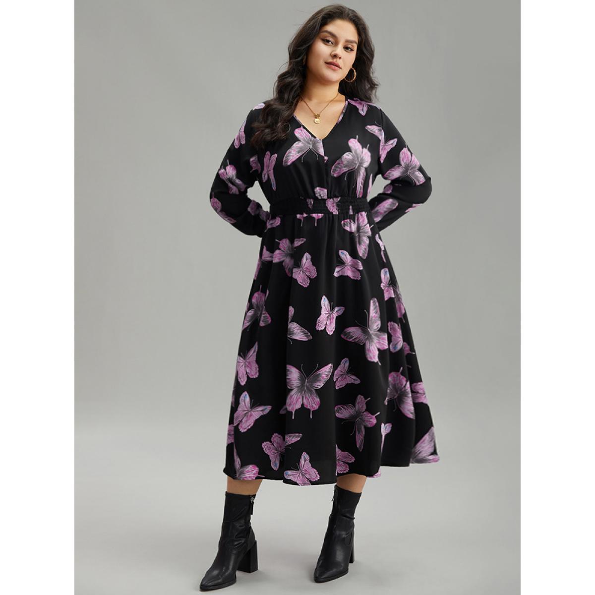 Plus Size Butterfly Print Pocket Shirred Cuffs Dress Black Women Elegant Printed V-neck Long Sleeve Curvy Midi Dress BloomChic 12/L Product Image