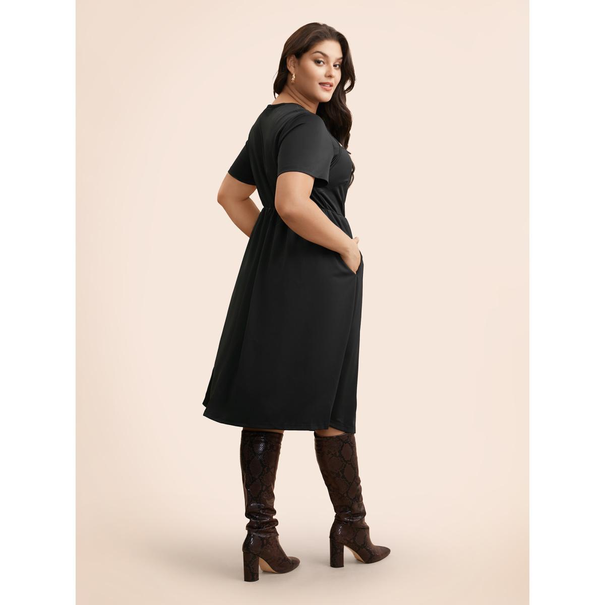 Plus Size Plain Cut Out Tie Knot Dress Black Women Casual Tie knot Round Neck Short sleeve Curvy BloomChic 22-24/3X Product Image