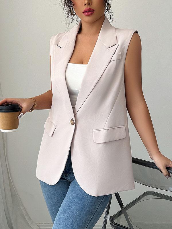 Loose Sleeveless Buttoned Pockets Notched Collar Blazer Vest Top Product Image