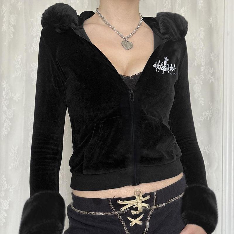 Long Sleeve Graphic Print Furry-Trim Zip-Up Hooded Jacket Product Image