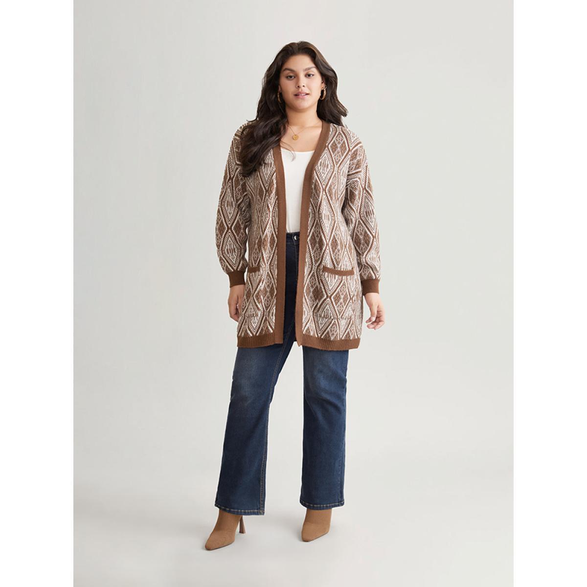 Plus Size Geometric Graphic Patched Pocket Jacquard Cardigan DarkBrown Women Casual Loose Long Sleeve Dailywear Cardigans BloomChic 30/6X Product Image
