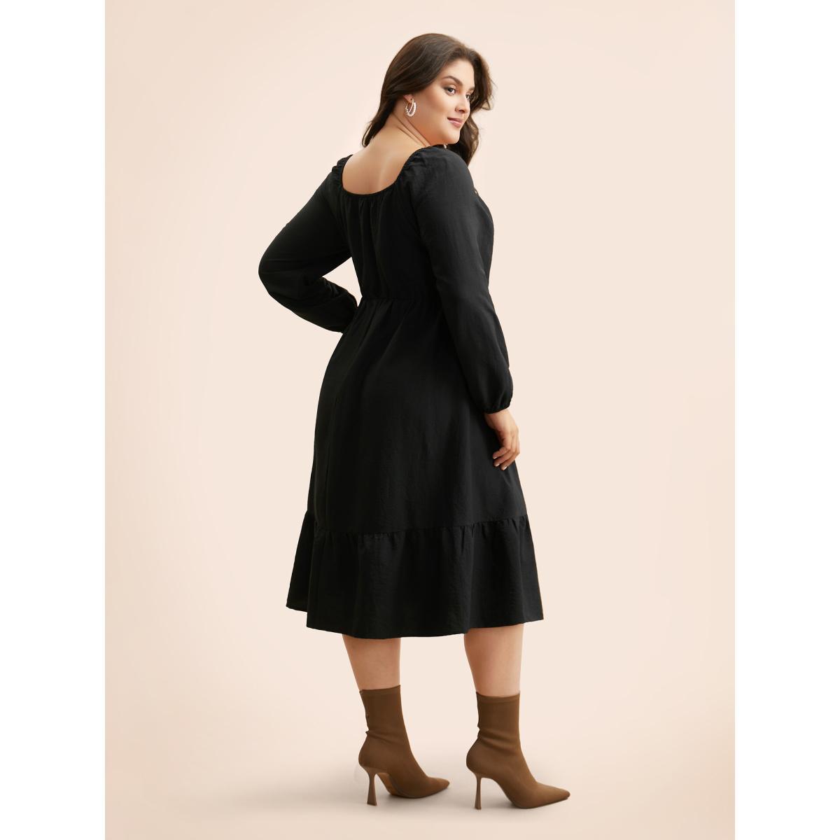 Plus Size Colored Striped Shirred Frill Trim Dress Black Women Elegant Topstitching Square Neck Long Sleeve Curvy BloomChic 10/M Product Image