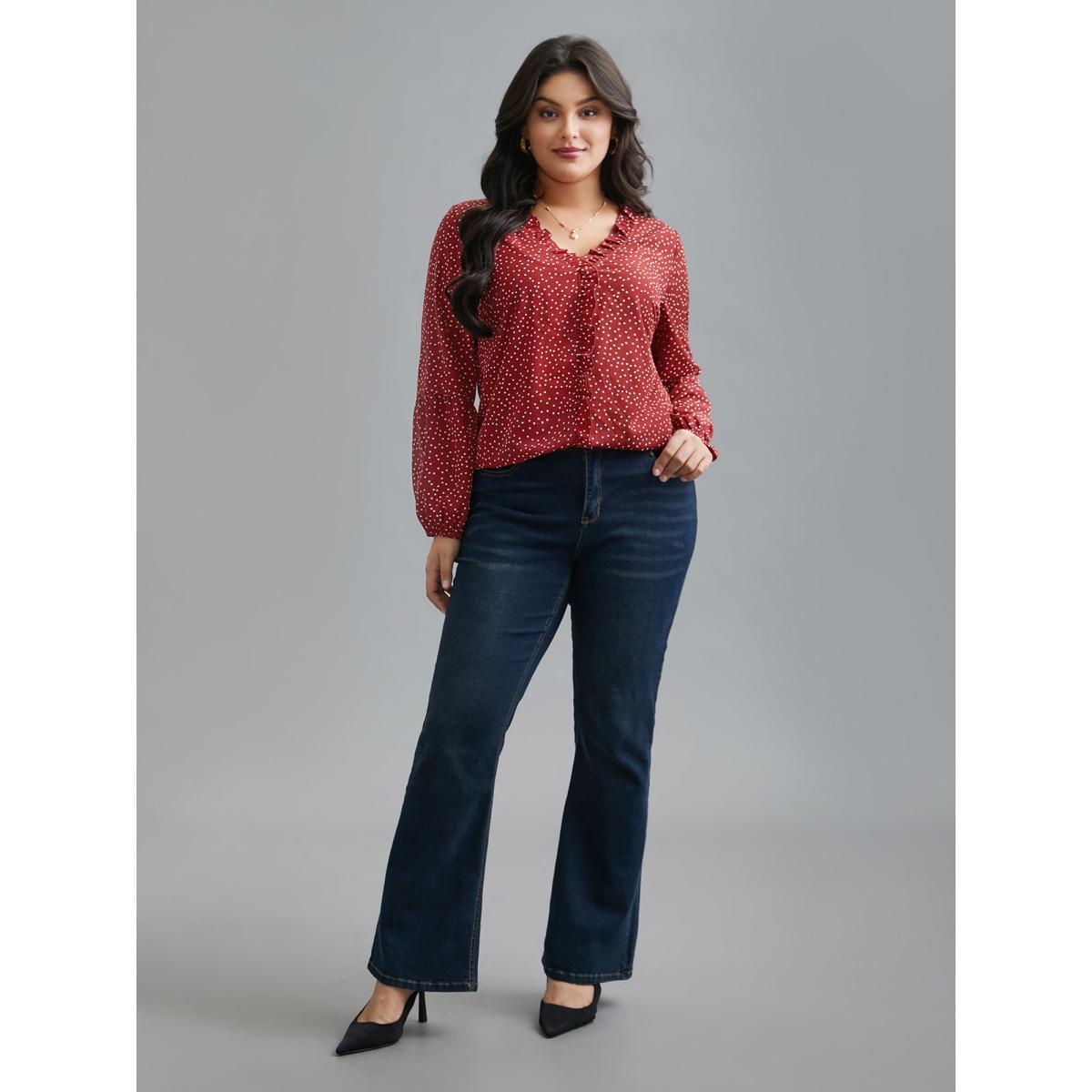 Plus Size Scarlet V-Neck Polka Dot Ruffled Blouse Women Elegant Long Sleeve V-neck Everyday Blouses BloomChic 22-24/3X Product Image