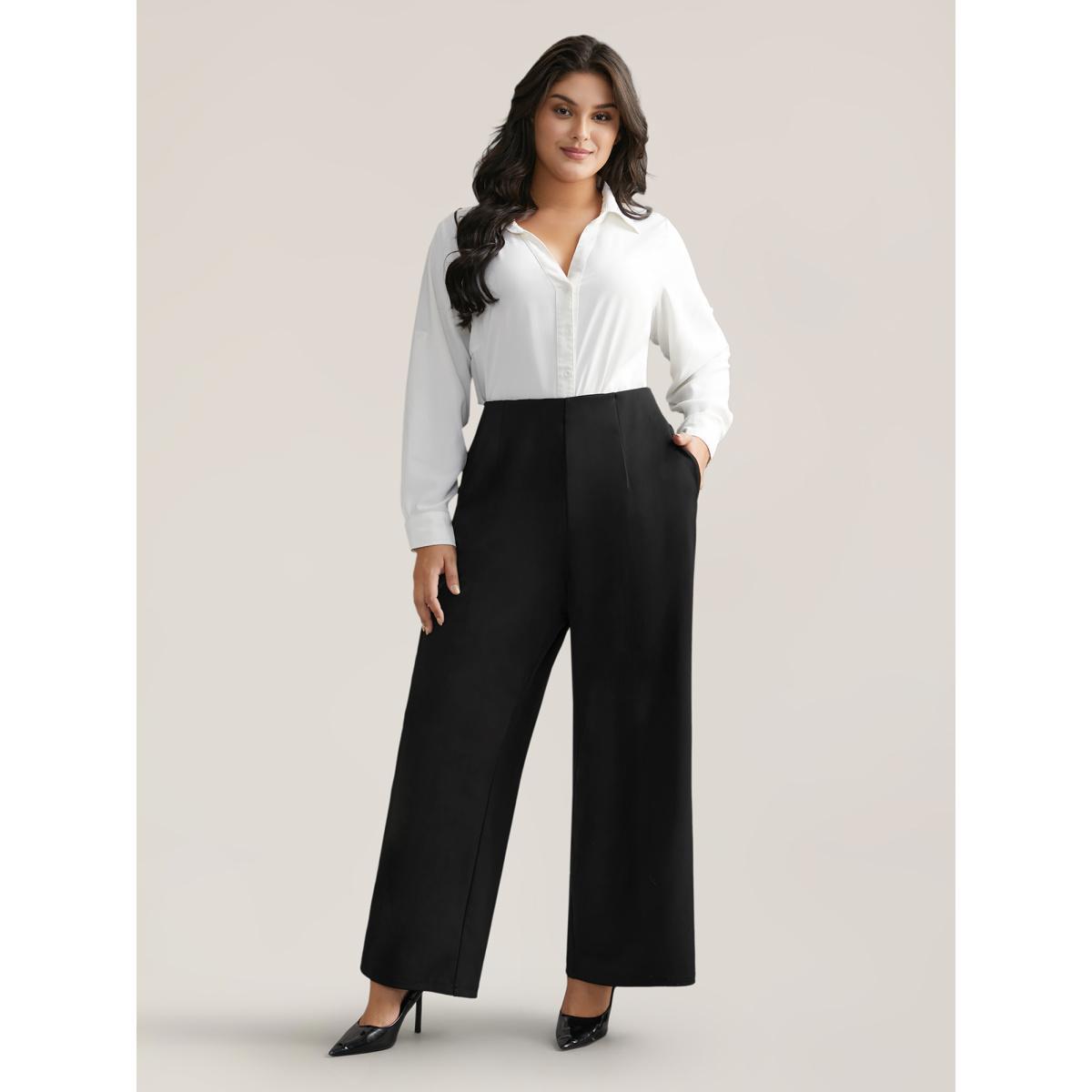 Plus Size Solid Elastic Waist Pleated Wide Leg Pants Women Black At the Office Wide Leg Mid Rise Work Pants BloomChic 18-20/2X Product Image