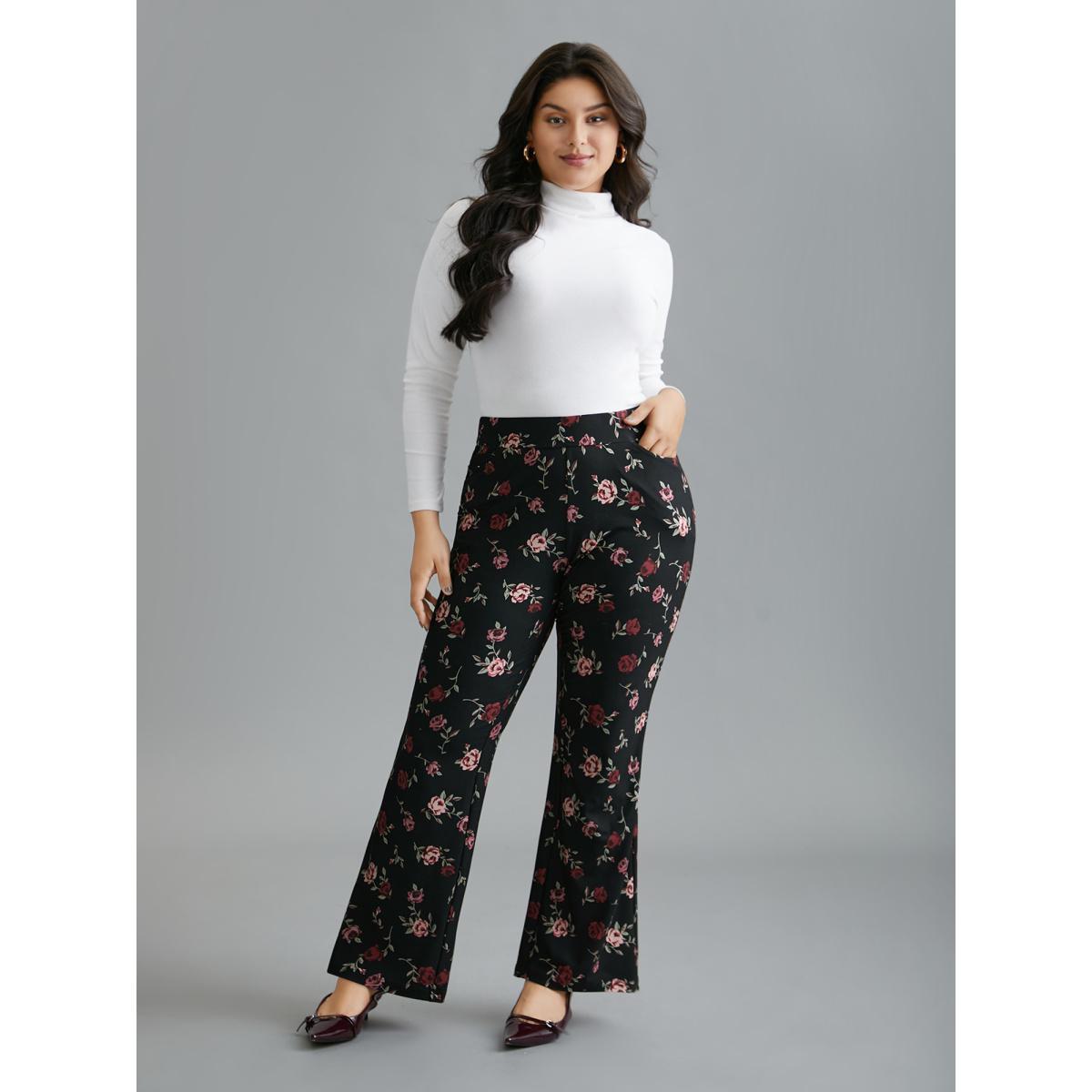 Plus Size Floral Mid-Rise Bootcut Pants Women BlackFlower Elegant High stretch Bootcut Mid Rise Everyday Leggings BloomChic 12/L Product Image