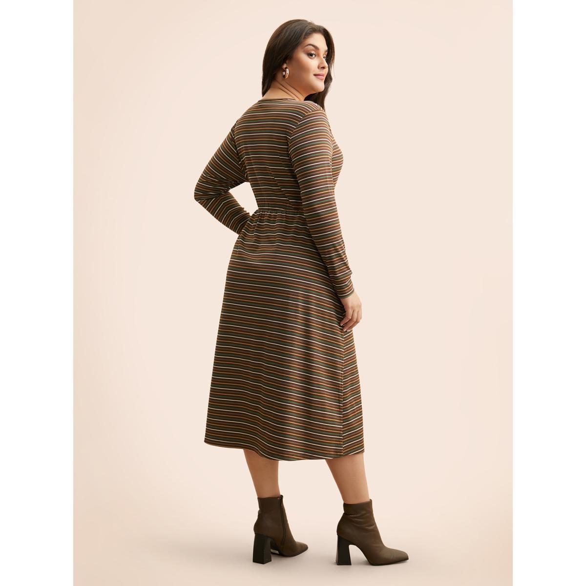 Plus Size Striped Overlap Collar Midi Dress Browncoffeecolor Women Elegant Texture Overlap Collar Long Sleeve Curvy BloomChic 28/5X Product Image