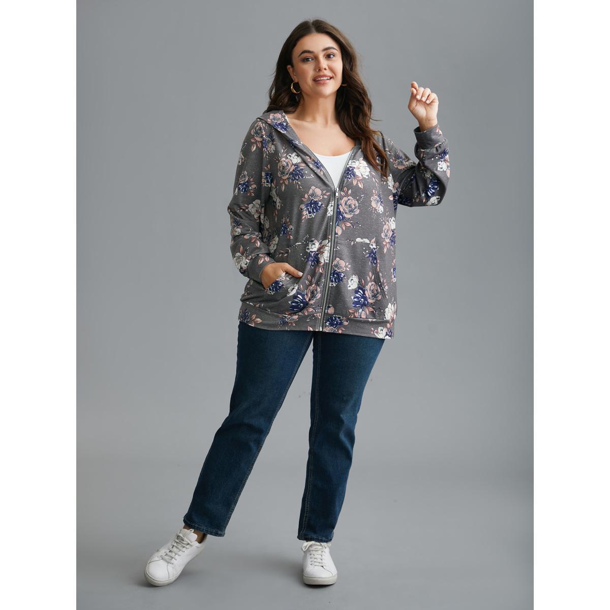 Plus Size Floral Print Zipper Front Hooded Sweatshirt Women DarkGray Casual Contrast Loose Hooded Everyday Sweatshirts BloomChic 14-16/1X Product Image