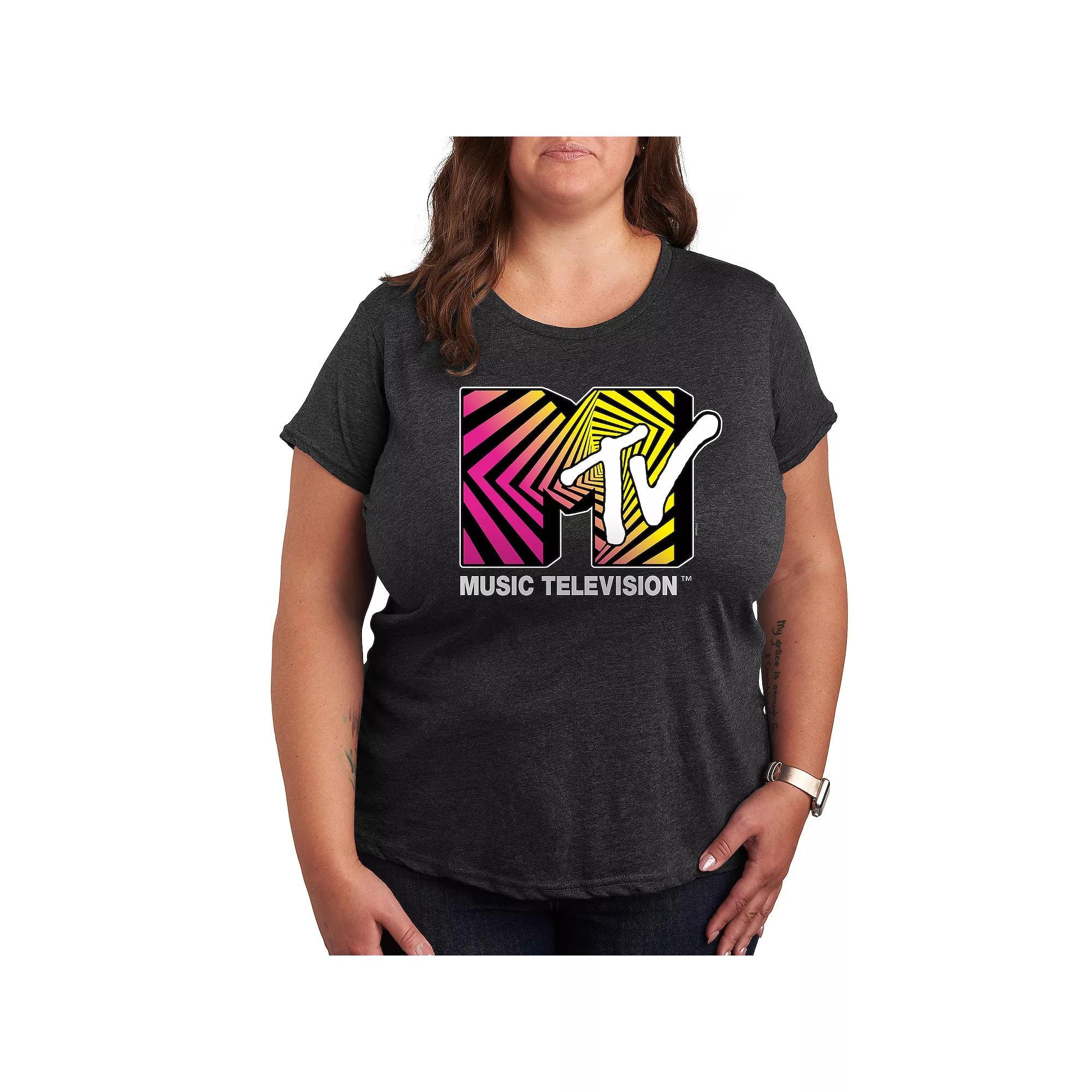 Plus MTV Optical 80s Graphic Tee, Womens Grey Royal Blue Product Image