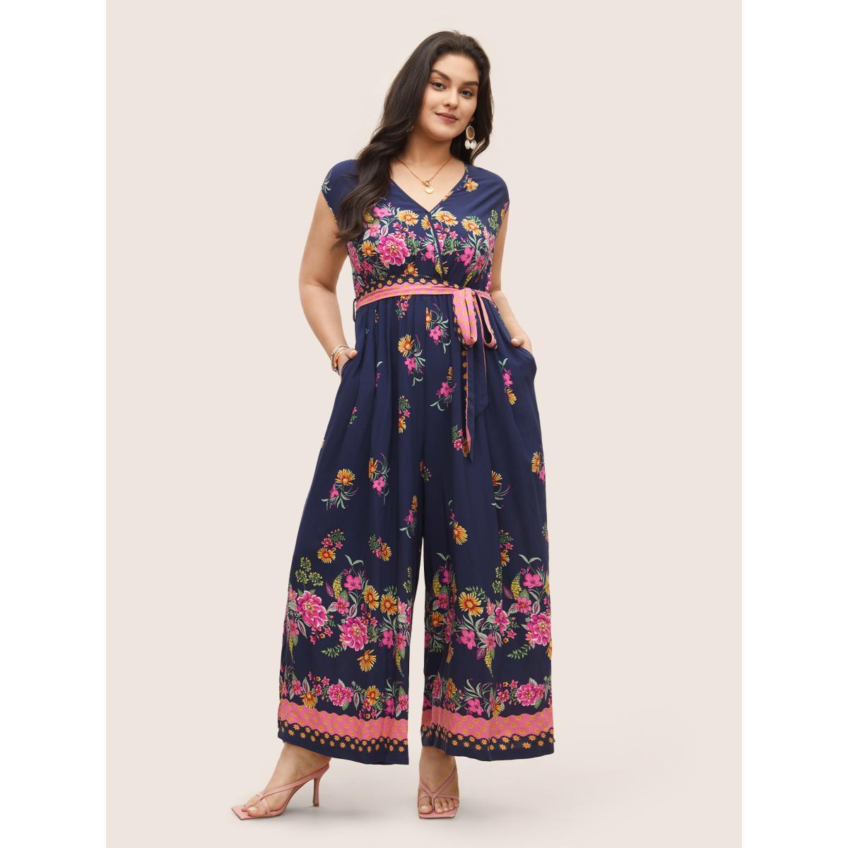 Plus Size Indigo Boho Print Overlap Collar Belted Sleeveless Jumpsuit Women Resort Cap Sleeve V-neck Vacation Loose Jumpsuits BloomChic 22-24/3X Product Image