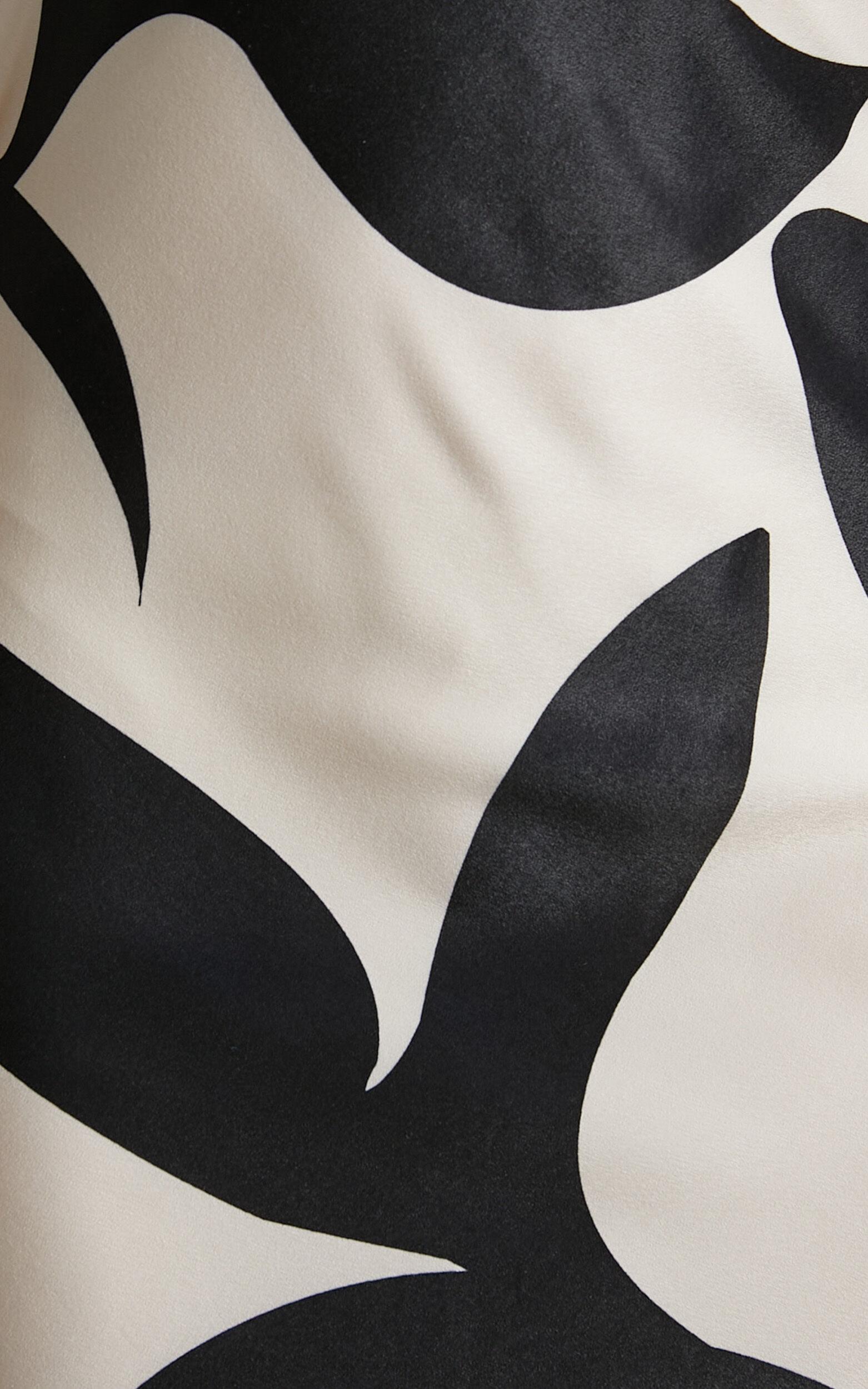 Madelyn Midi Dress - Strapless Palm Print Satin Dress in Cream and Black Shadow Print Product Image