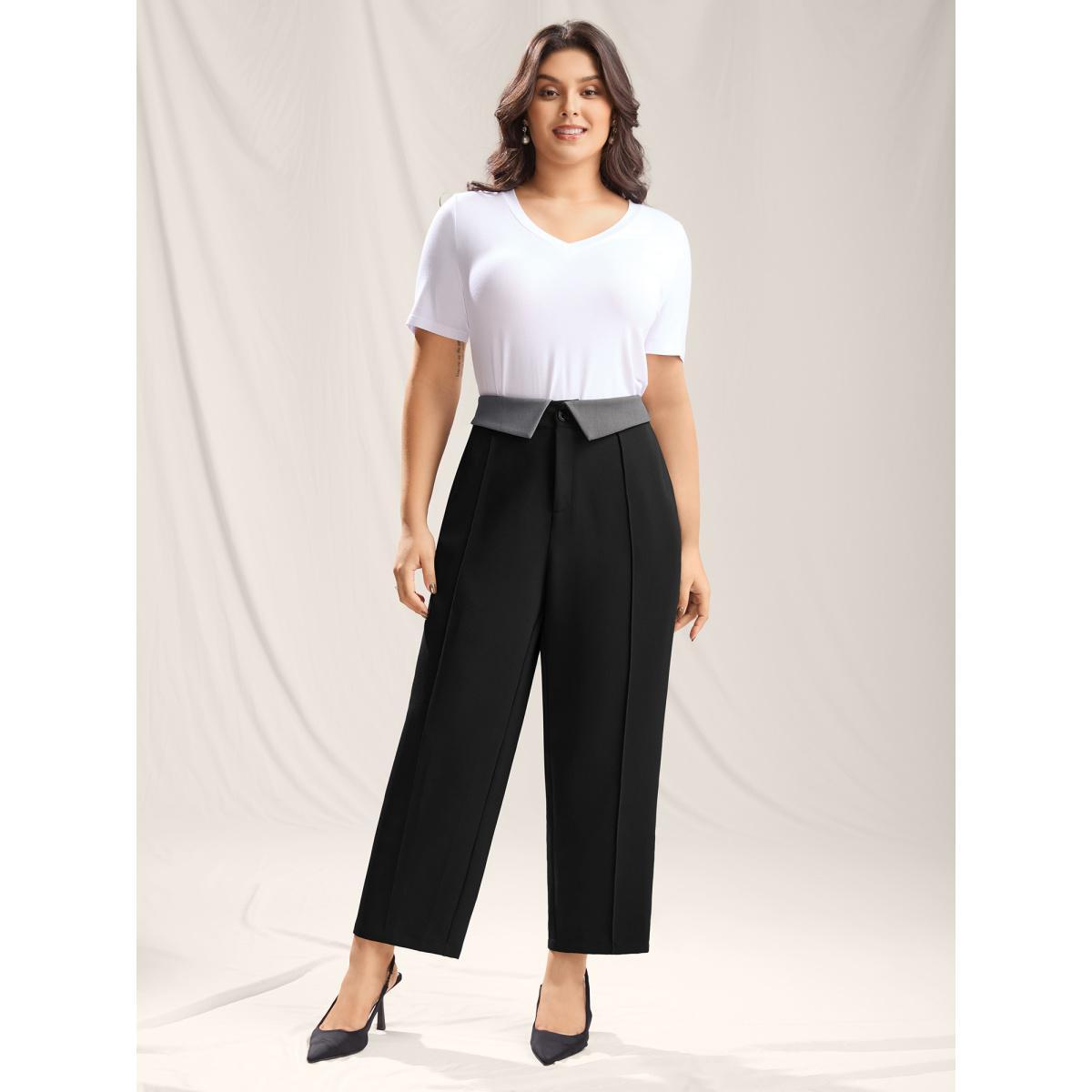 Plus Size Color Contrast Waistband Straight-Leg Pants Women Black Formal Straight Leg Mid Rise Party Pants BloomChic 10/M Product Image