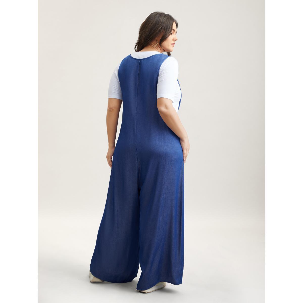 Plus Size Mediumblue Adjustable Straps Fake-Denim Jumpsuit Women Elegant Sleeveless U-neck Everyday-Elegant Loose Jumpsuits BloomChic 18-20/2X Product Image
