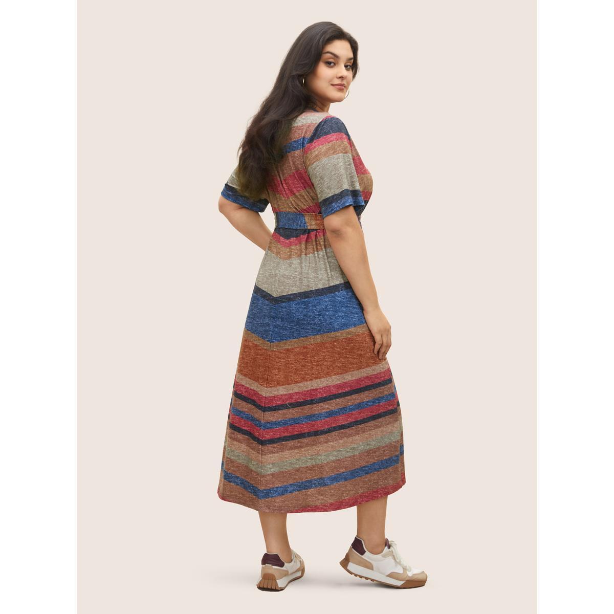 Plus Size Striped Colored Pocket Belted Dress Multicolor Women Casual Non Round Neck Short sleeve Curvy Midi Dress BloomChic 18-20/2X Product Image