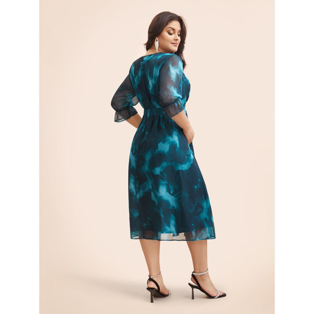 Plus Size Water Ripple Print Mesh Ruffles Shirred Dress Aegean Women Cocktail See through Party Curvy Bloomchic 30/6X Product Image