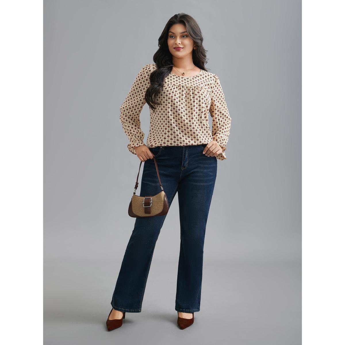 Plus Size Apricot Round Neck Geometric Print Pleated Blouse Women At the Office Long Sleeve Round Neck Work Blouses BloomChic 14-16/1X Product Image