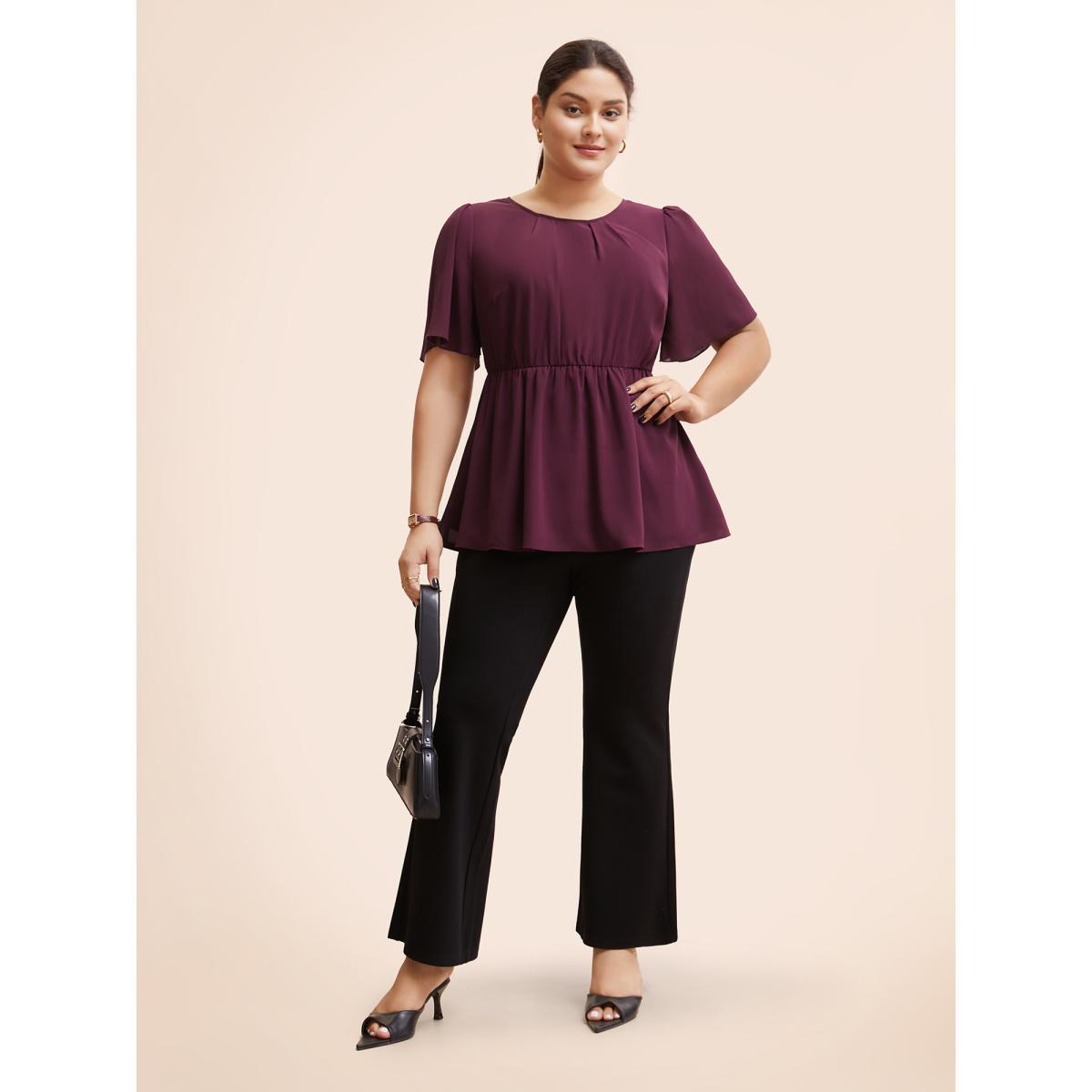 Plus Size Plum Solid Elastic Waist Ruffle Sleeve Blouse Women Workwear Essentials Short sleeve Round Neck Work Blouses BloomChic 22-24/3X Product Image