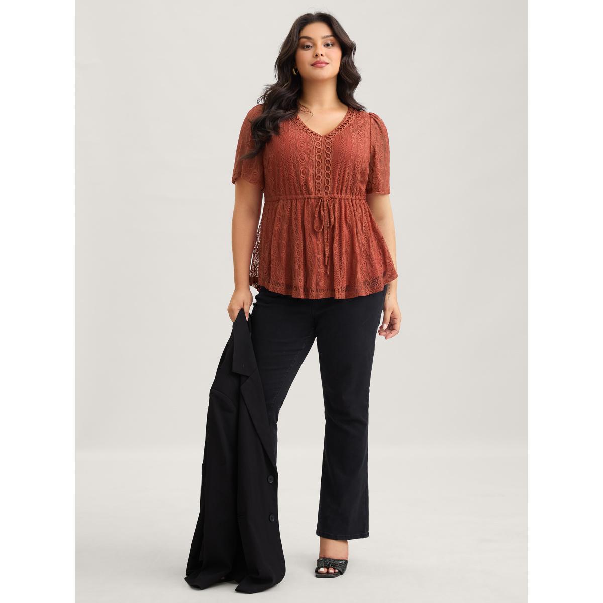 Plus Size Russet V Neck Lace Panel Drawstring Blouse Women Elegant Short sleeve V-neck Everyday Blouses BloomChic 30/6X Product Image