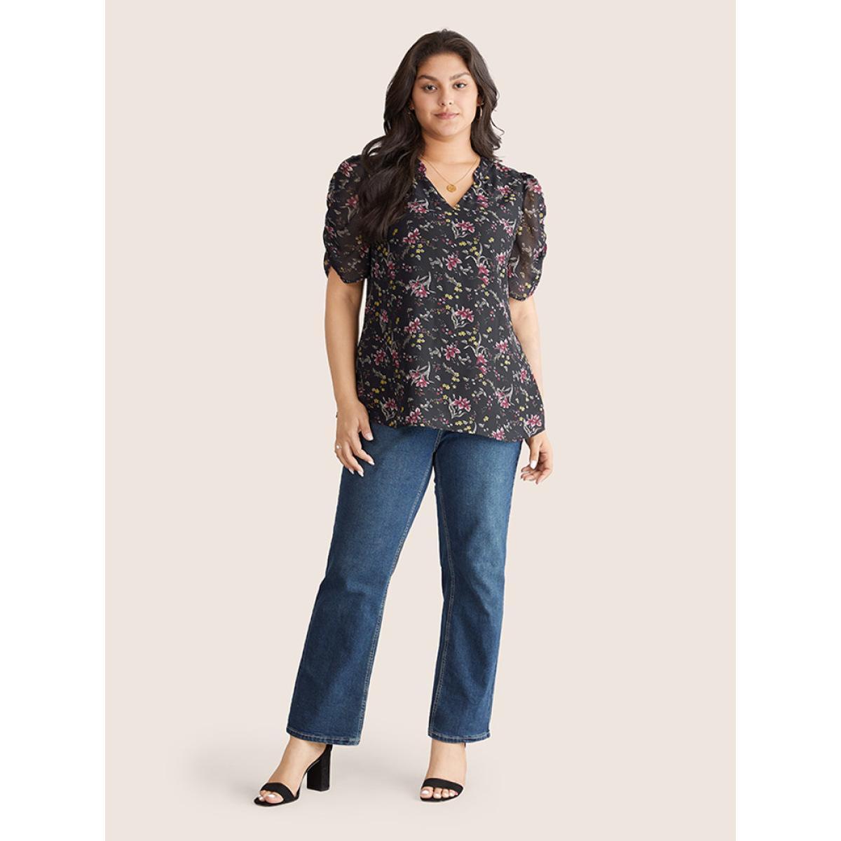 Plus Size BlackFlower Chiffon Ditsy Floral Puff Sleeve Gathered Blouse Women Elegant Short sleeve V-neck Everyday Blouses BloomChic 18-20/2X Product Image