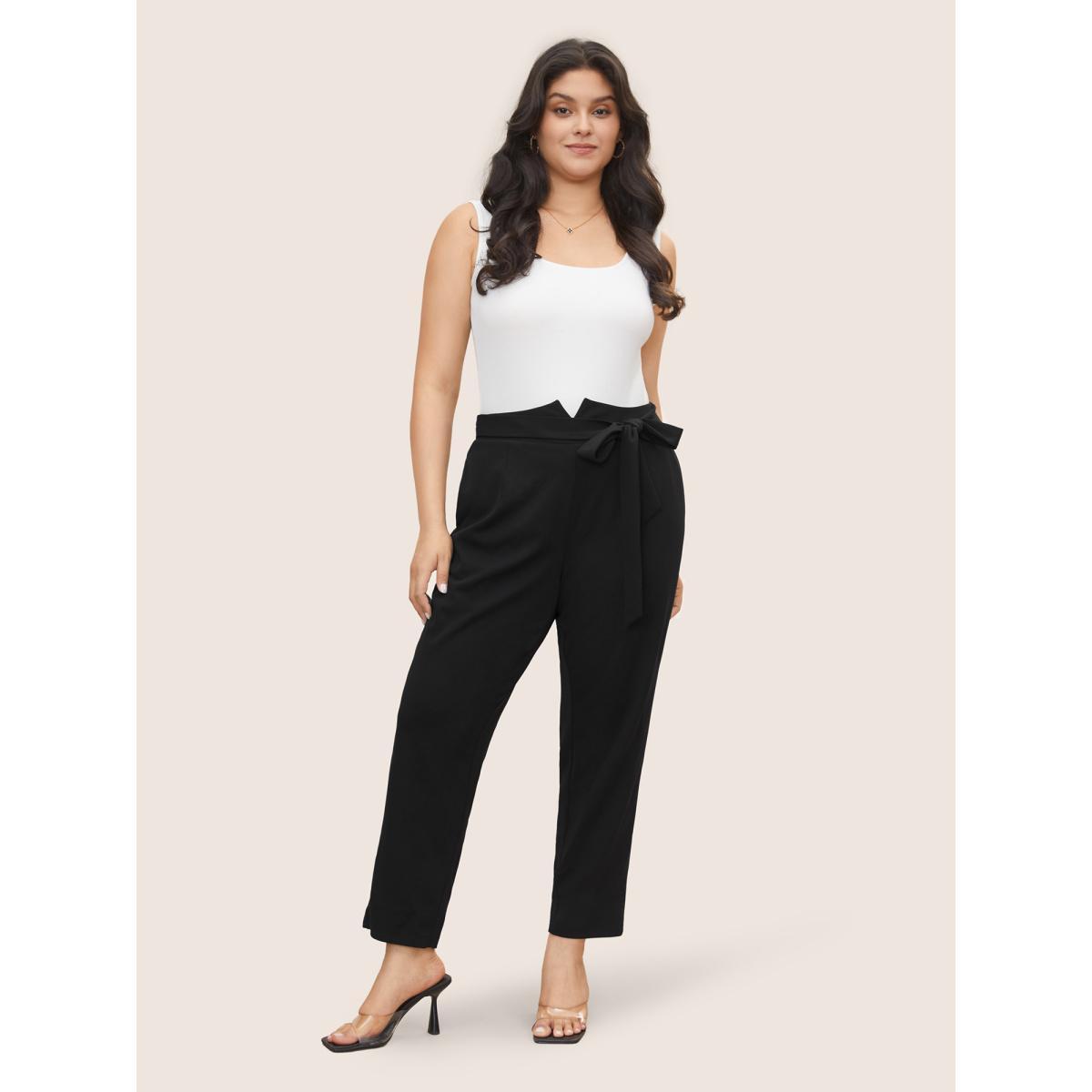 Plus Size Plain Tie Knot Slanted Pocket High Rise Pants Women Black At the Office High Rise Work Pants BloomChic 14-16/1X Product Image