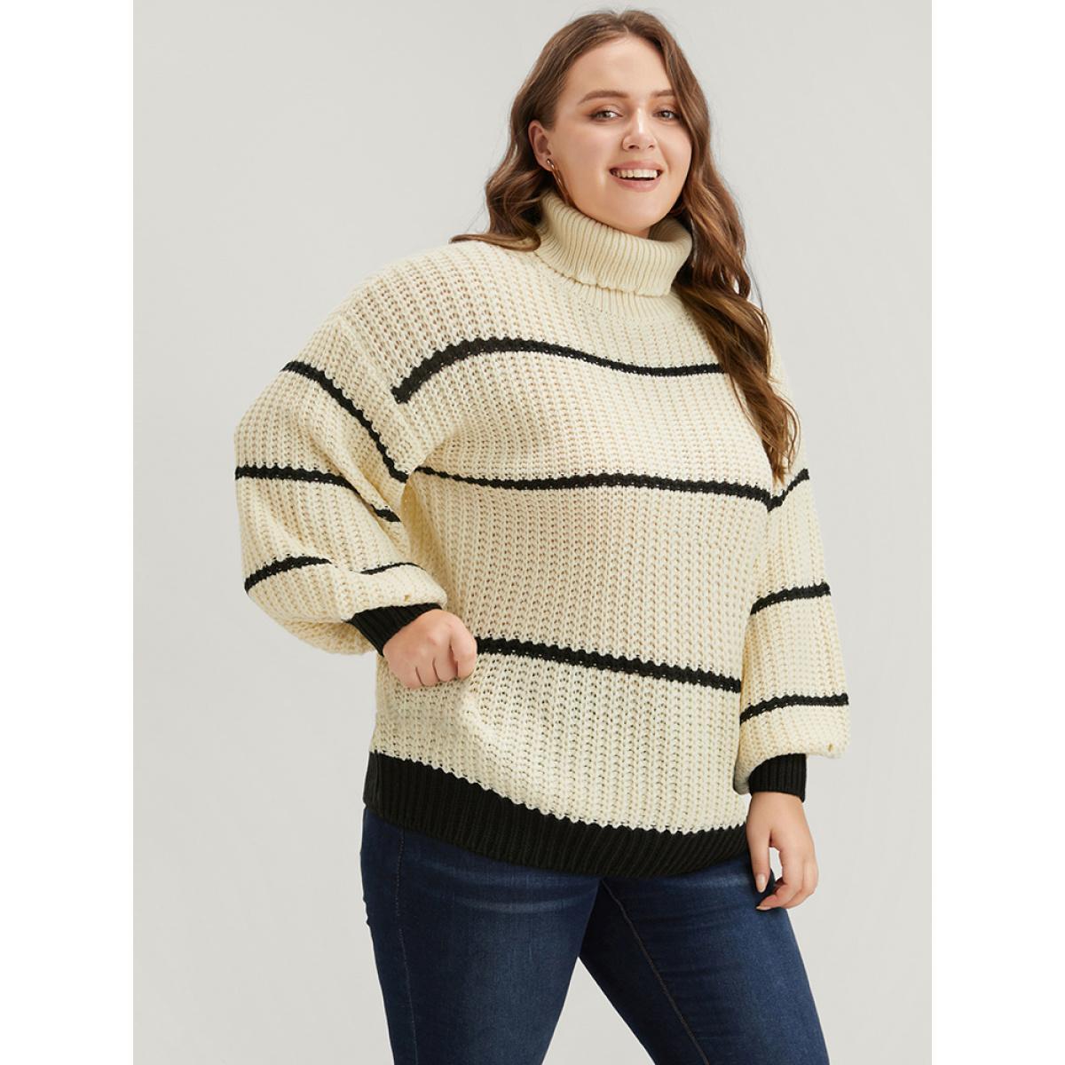 Plus Size Striped Contrast Pointelle Knit Lantern Sleeve Funnel Neck Knit Top Beige Women Elegant Loose Long Sleeve Turtleneck Dailywear Pullovers BloomChic 28/5X Product Image
