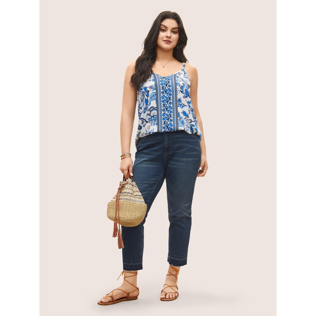 Plus Size Rayon Boho Print Split Side Cami Top Women White Resort Non V-neck Vacation Tank Tops Camis BloomChic 18-20/2X Product Image