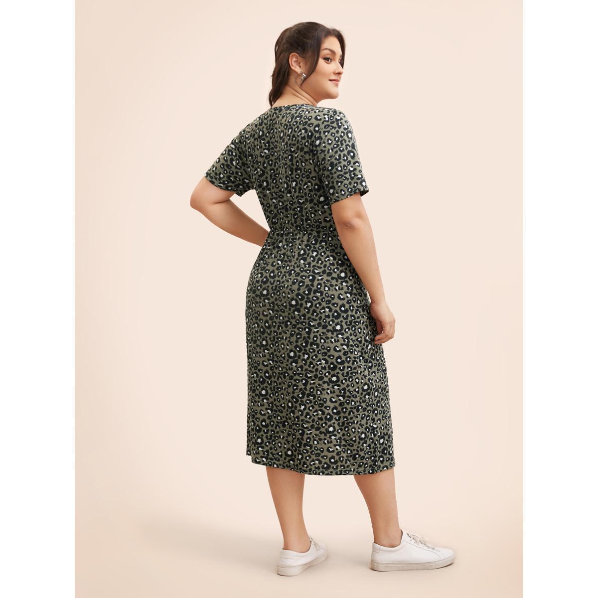 Plus Size Round Neck Leopard Print Midi Dress Sage Women Casual Non Round Neck Short sleeve Curvy BloomChic 28/5X Product Image